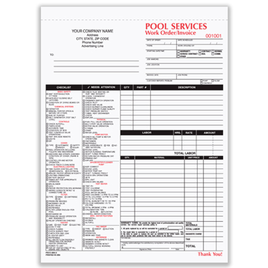 Picture of Pool Services Work Order/Invoice Form - 3 Part Carbonless (PSCC-895-3)