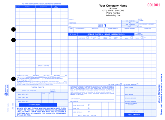 Picture of Automotive Repair Order Form - 3 Part w/ Carbon - CA Version (ARO-356-3)